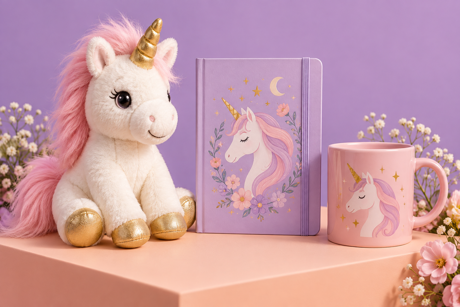 An illustrative collection of unicorn gifts: a soft toy, notebook and pink mug